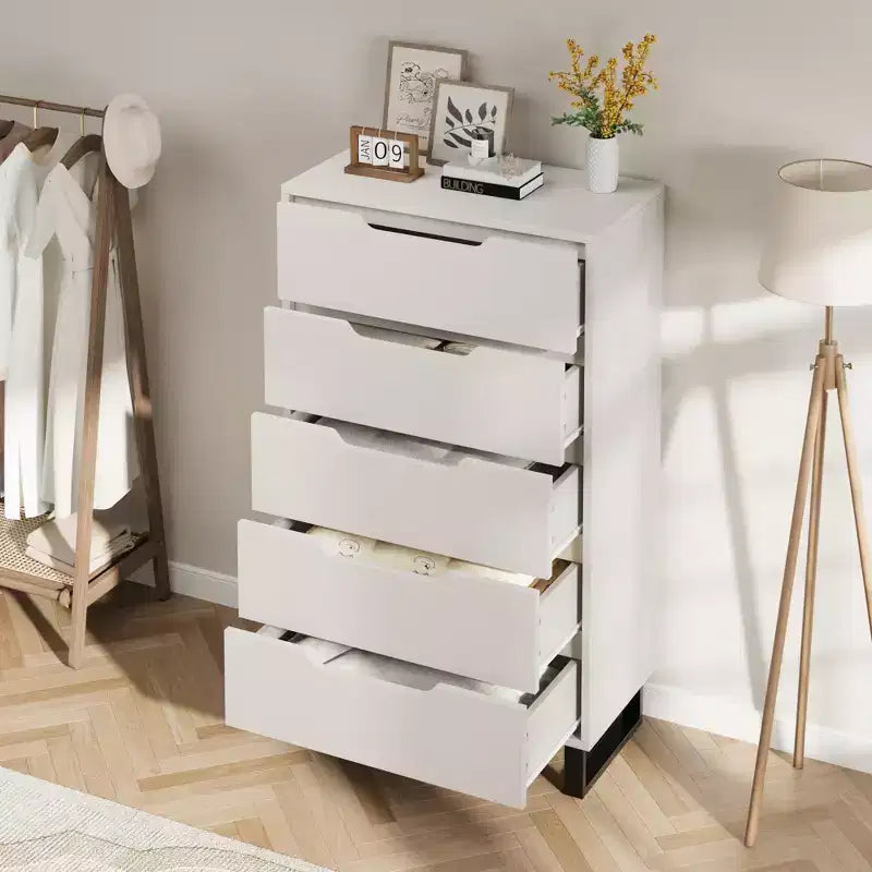 Commode en bois à 5 tiroirs – Noir / Gris / Blanc, Autoportante, Utilisation 1 personne