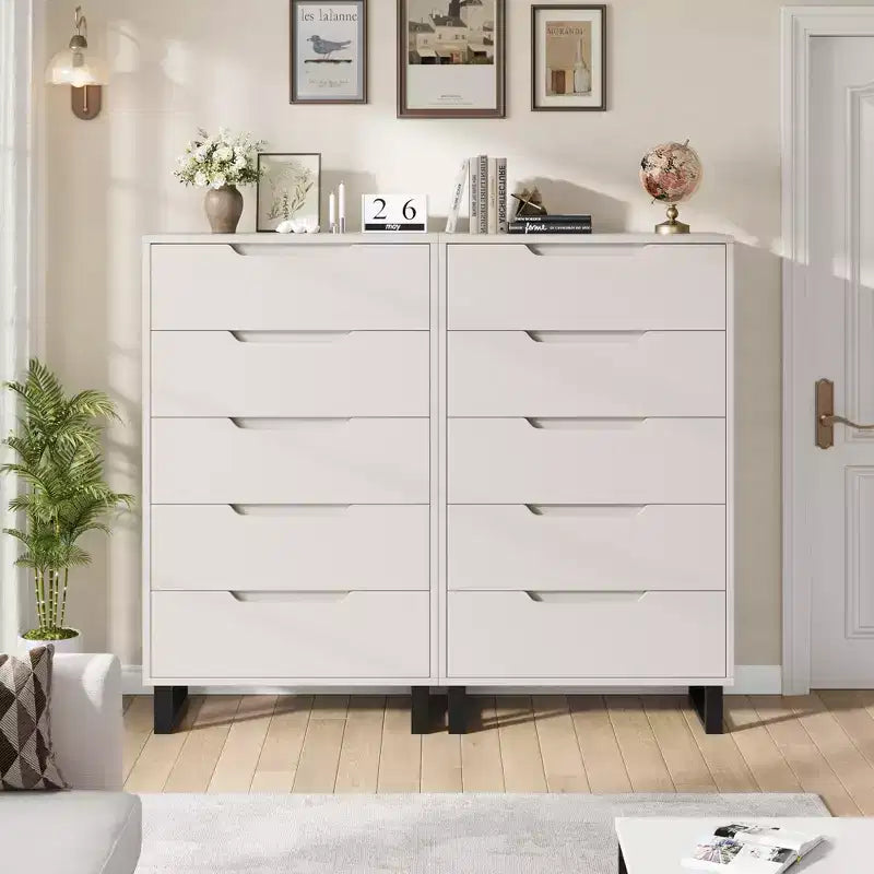 Commode en bois à 5 tiroirs – Noir / Gris / Blanc, Autoportante, Utilisation 1 personne
