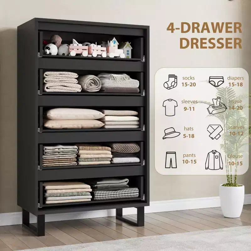 Commode en bois à 5 tiroirs – Noir / Gris / Blanc, Autoportante, Utilisation 1 personne