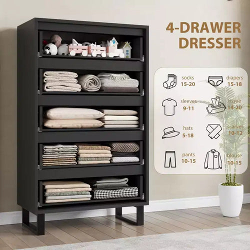 Commode en bois à 5 tiroirs – Noir / Gris / Blanc, Autoportante, Utilisation 1 personne