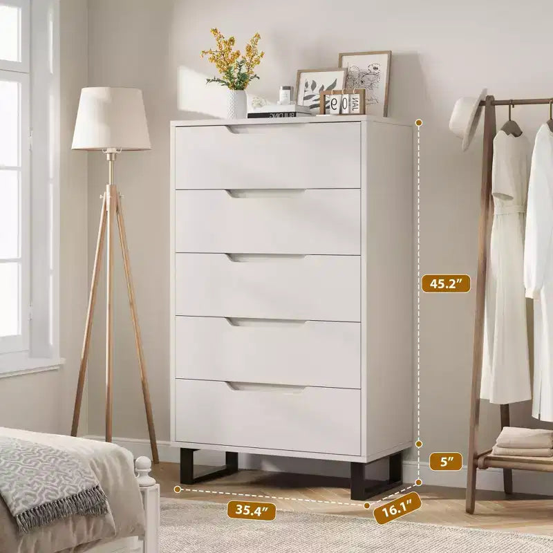 Commode en bois à 5 tiroirs – Noir / Gris / Blanc, Autoportante, Utilisation 1 personne