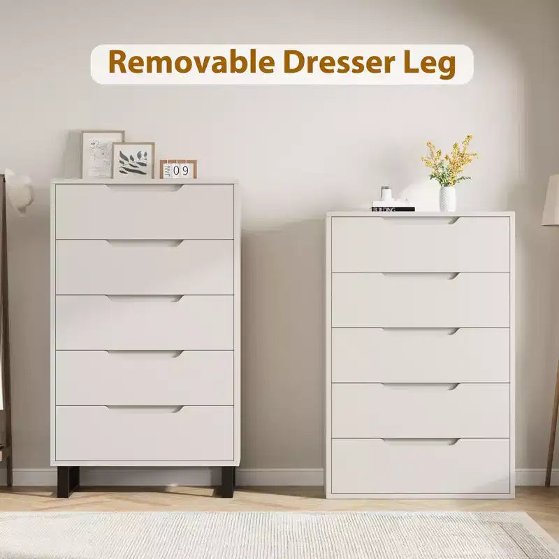 Commode en bois à 5 tiroirs – Noir / Gris / Blanc, Autoportante, Utilisation 1 personne