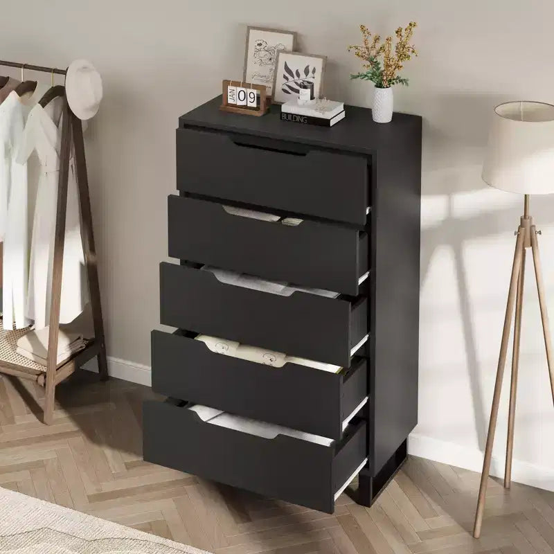 Commode en bois à 5 tiroirs – Noir / Gris / Blanc, Autoportante, Utilisation 1 personne