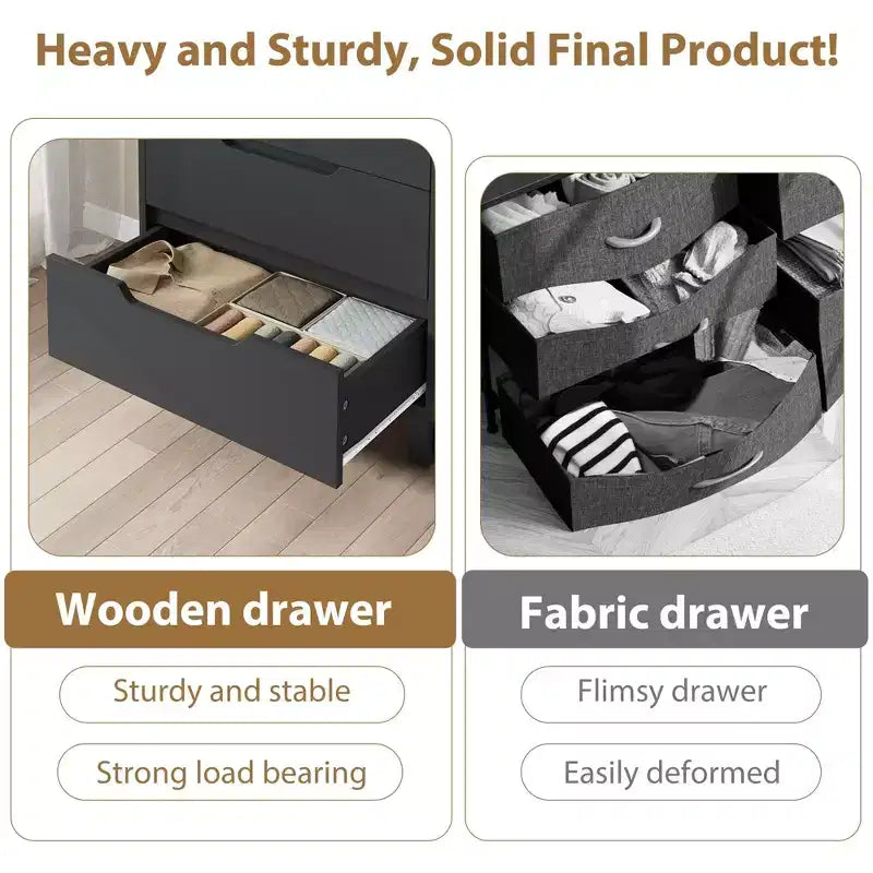 Commode en bois à 5 tiroirs – Noir / Gris / Blanc, Autoportante, Utilisation 1 personne