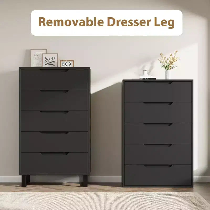 Commode en bois à 5 tiroirs – Noir / Gris / Blanc, Autoportante, Utilisation 1 personne