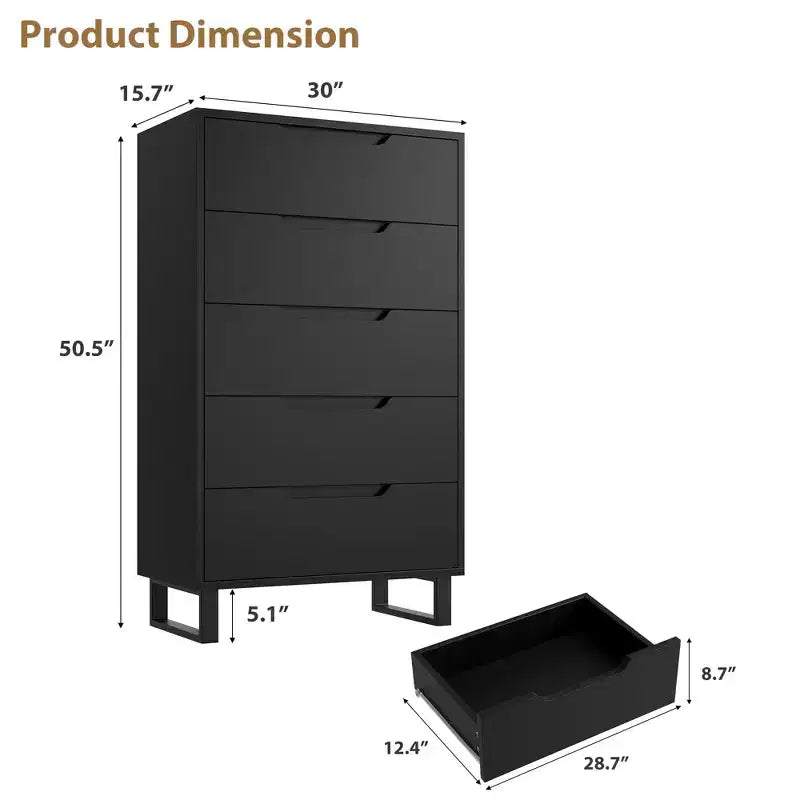 Commode en bois à 5 tiroirs – Noir / Gris / Blanc, Autoportante, Utilisation 1 personne