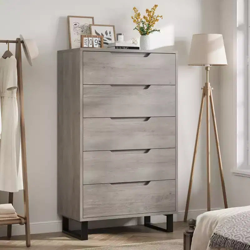 Commode en bois à 5 tiroirs – Noir / Gris / Blanc, Autoportante, Utilisation 1 personne
