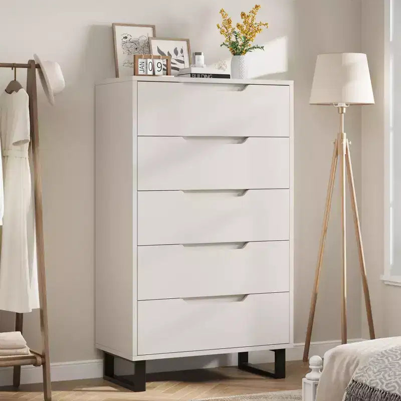 Commode en bois à 5 tiroirs – Noir / Gris / Blanc, Autoportante, Utilisation 1 personne