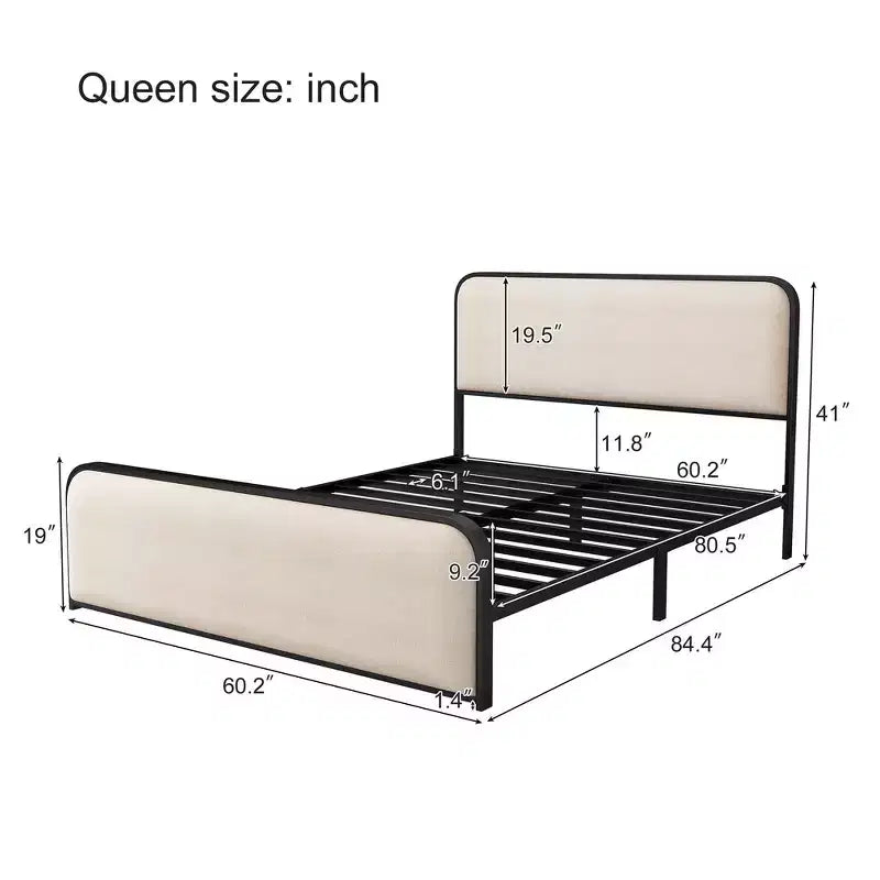 Cadre de lit plateforme rembourré beige – Très grand lit/Grand lit, Lattes métalliques, Tiroirs de rangement en option, 1 à 2 personnes