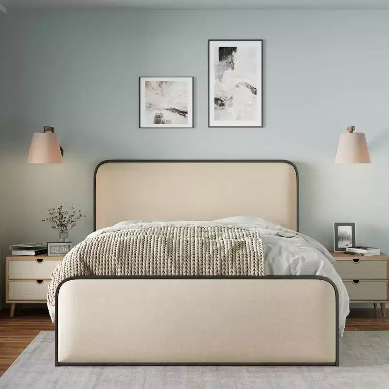 Cadre de lit plateforme rembourré beige – Très grand lit/Grand lit, Lattes métalliques, Tiroirs de rangement en option, 1 à 2 personnes