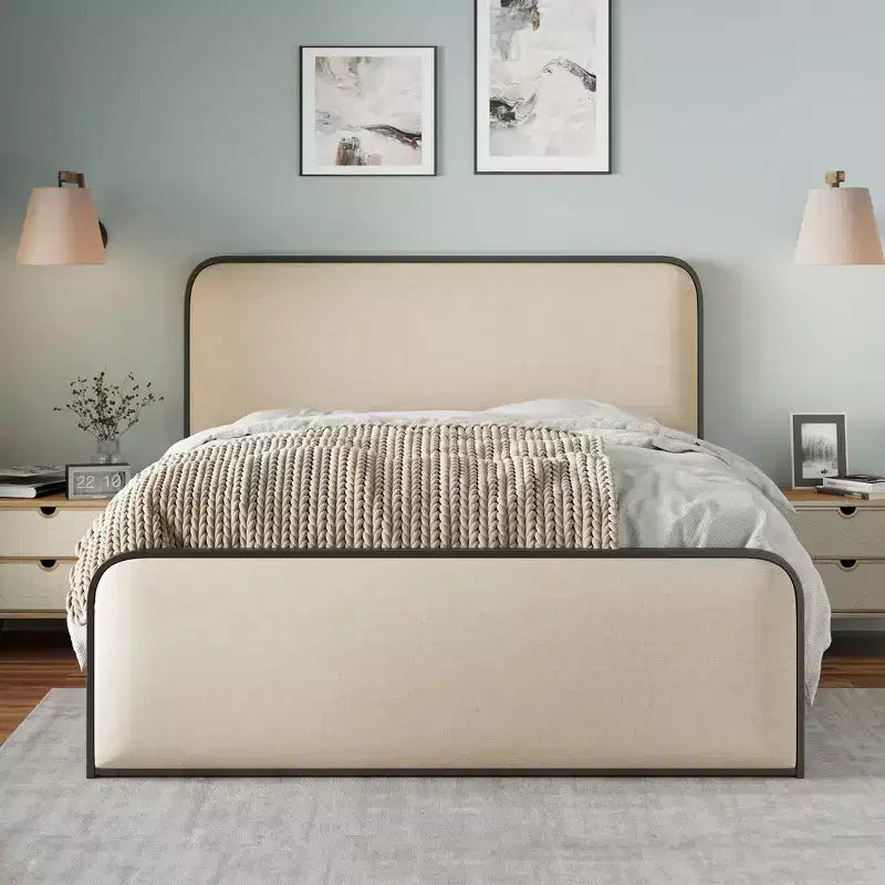 Cadre de lit plateforme rembourré beige – Très grand lit/Grand lit, Lattes métalliques, Tiroirs de rangement en option, 1 à 2 personnes