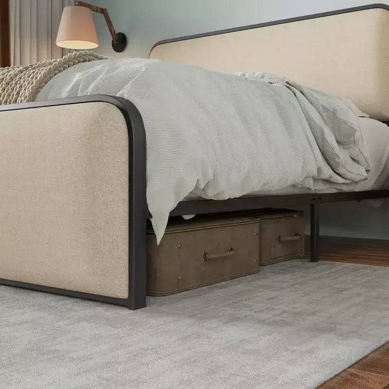 Cadre de lit plateforme rembourré beige – Très grand lit/Grand lit, Lattes métalliques, Tiroirs de rangement en option, 1 à 2 personnes