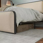 Cadre de lit plateforme rembourré beige – Très grand lit/Grand lit, Lattes métalliques, Tiroirs de rangement en option, 1 à 2 personnes