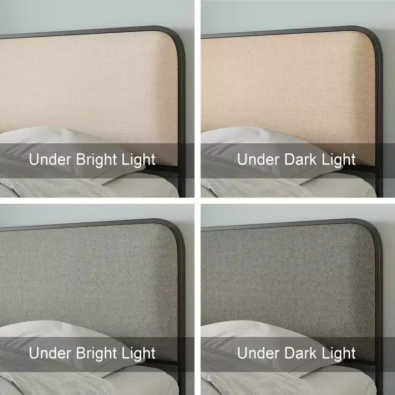 Cadre de lit plateforme rembourré beige – Très grand lit/Grand lit, Lattes métalliques, Tiroirs de rangement en option, 1 à 2 personnes