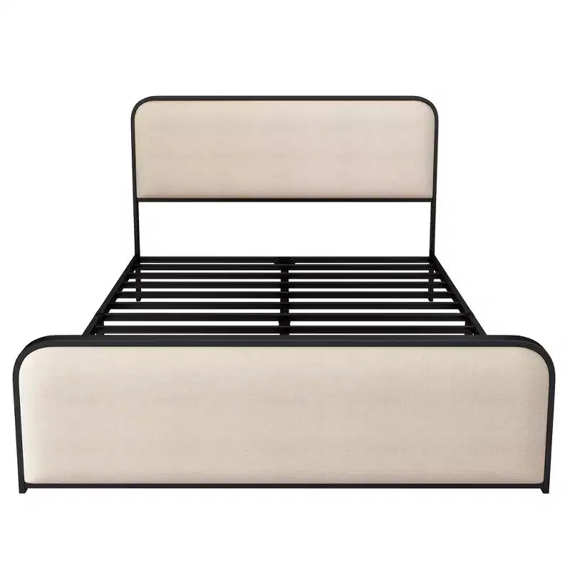 Cadre de lit plateforme rembourré beige – Très grand lit/Grand lit, Lattes métalliques, Tiroirs de rangement en option, 1 à 2 personnes