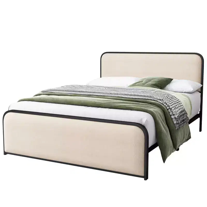 Cadre de lit plateforme rembourré beige – Très grand lit/Grand lit, Lattes métalliques, Tiroirs de rangement en option, 1 à 2 personnes