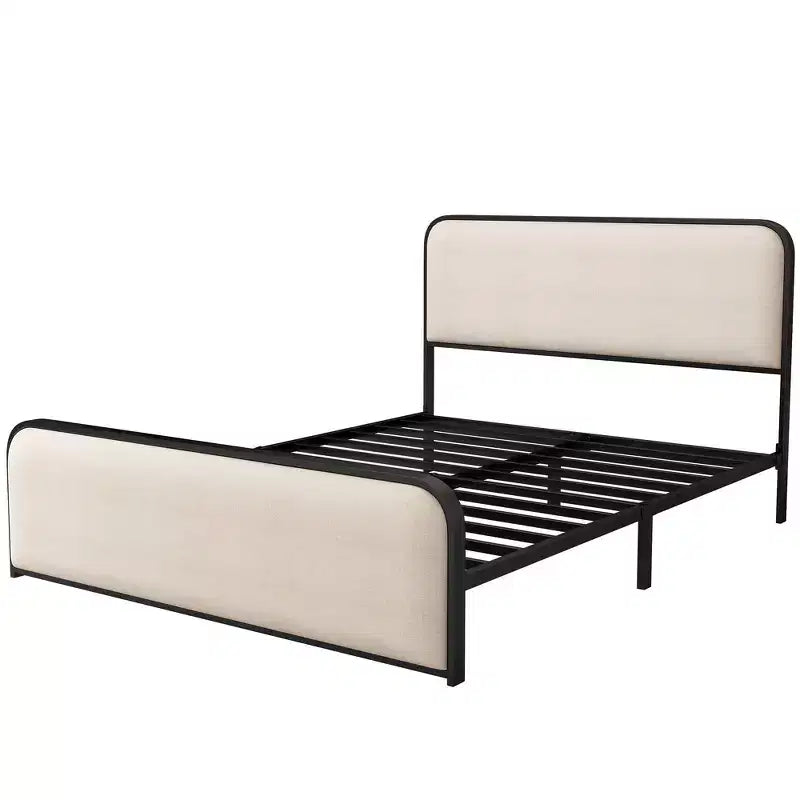 Cadre de lit plateforme rembourré beige – Très grand lit/Grand lit, Lattes métalliques, Tiroirs de rangement en option, 1 à 2 personnes