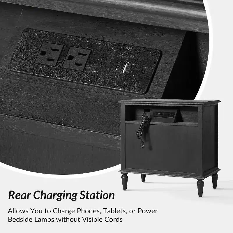 Table de chevet à 3 tiroirs avec prise intégrée, lot de 2 – Chêne / Anthracite / Noyer