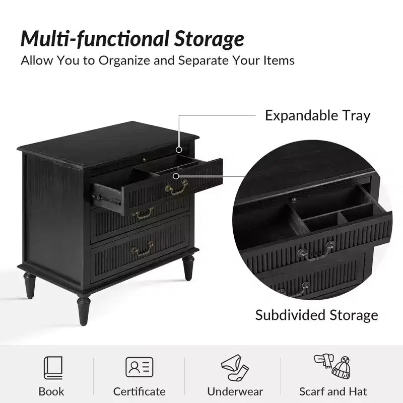 Table de chevet à 3 tiroirs avec prise intégrée, lot de 2 – Chêne / Anthracite / Noyer