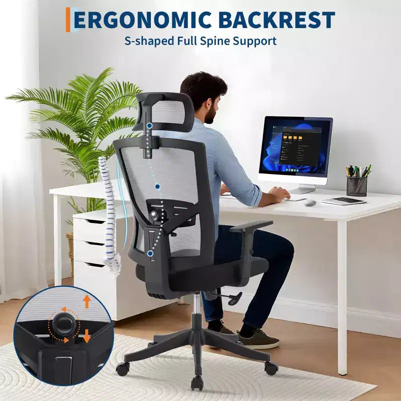Chaise de bureau pivotante noire/grise à dossier haut, avec accoudoirs, 1 place