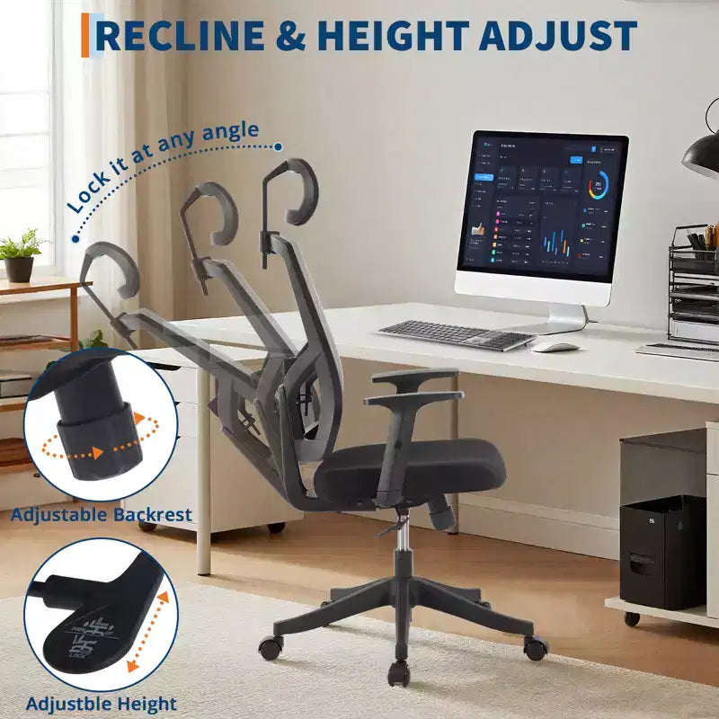 Chaise de bureau pivotante noire/grise à dossier haut, avec accoudoirs, 1 place