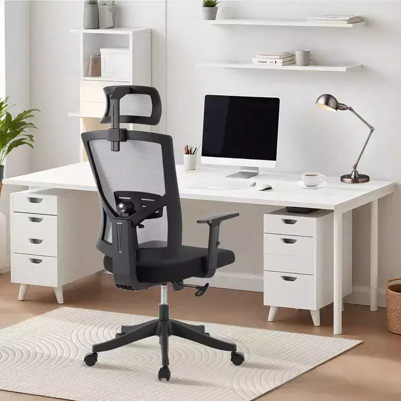 Chaise de bureau pivotante noire/grise à dossier haut, avec accoudoirs, 1 place