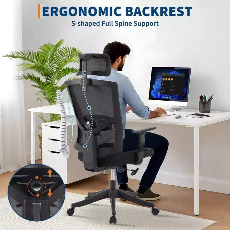 Chaise de bureau pivotante noire/grise à dossier haut, avec accoudoirs, 1 place