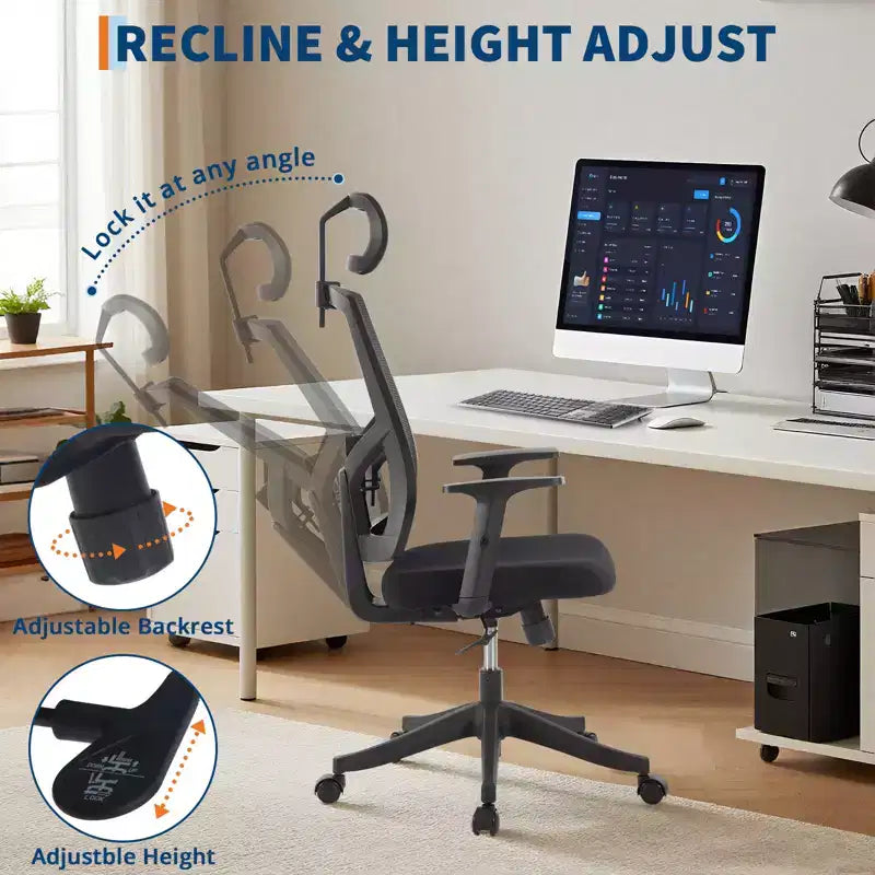 Chaise de bureau pivotante noire/grise à dossier haut, avec accoudoirs, 1 place