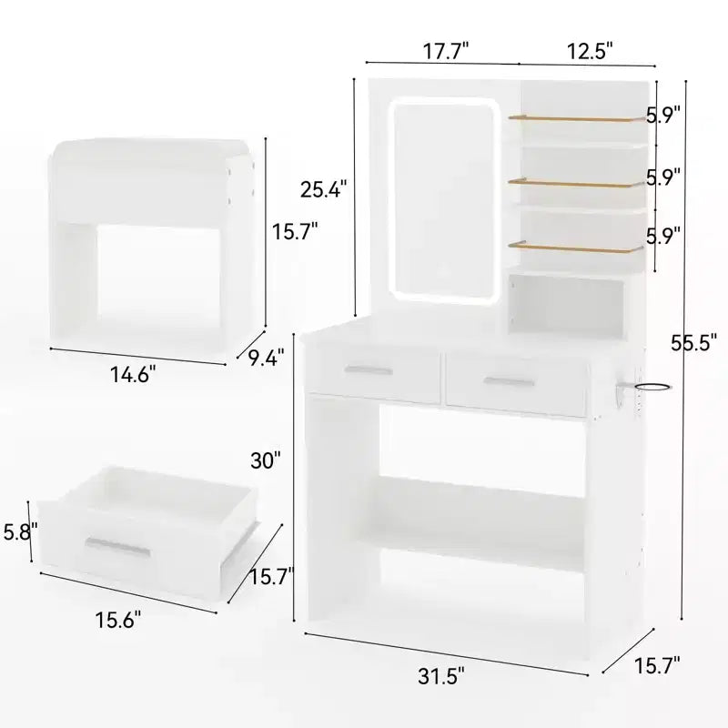 Coiffeuse Noire/Blanche avec Miroir Lumineux, 2 Tiroirs et Étagères, Chaise Incluse – 1 Personne