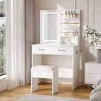 Coiffeuse Noire/Blanche avec Miroir Lumineux, 2 Tiroirs et Étagères, Chaise Incluse – 1 Personne