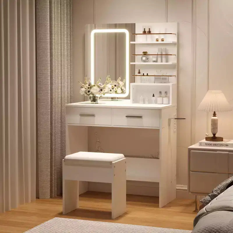 Coiffeuse Noire/Blanche avec Miroir Lumineux, 2 Tiroirs et Étagères, Chaise Incluse – 1 Personne
