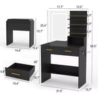 Coiffeuse Noire/Blanche avec Miroir Lumineux, 2 Tiroirs et Étagères, Chaise Incluse – 1 Personne
