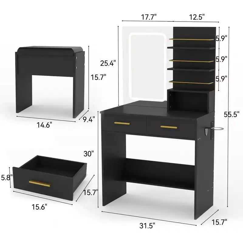 Coiffeuse Noire/Blanche avec Miroir Lumineux, 2 Tiroirs et Étagères, Chaise Incluse – 1 Personne