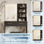 Coiffeuse Noire/Blanche avec Miroir Lumineux, 2 Tiroirs et Étagères, Chaise Incluse – 1 Personne