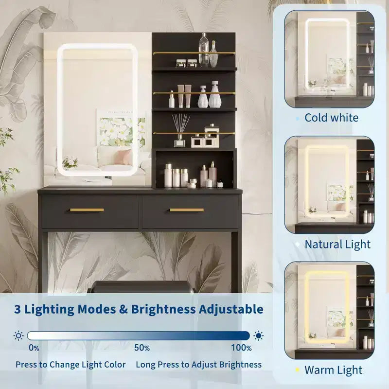 Coiffeuse Noire/Blanche avec Miroir Lumineux, 2 Tiroirs et Étagères, Chaise Incluse – 1 Personne