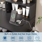 Coiffeuse Noire/Blanche avec Miroir Lumineux, 2 Tiroirs et Étagères, Chaise Incluse – 1 Personne
