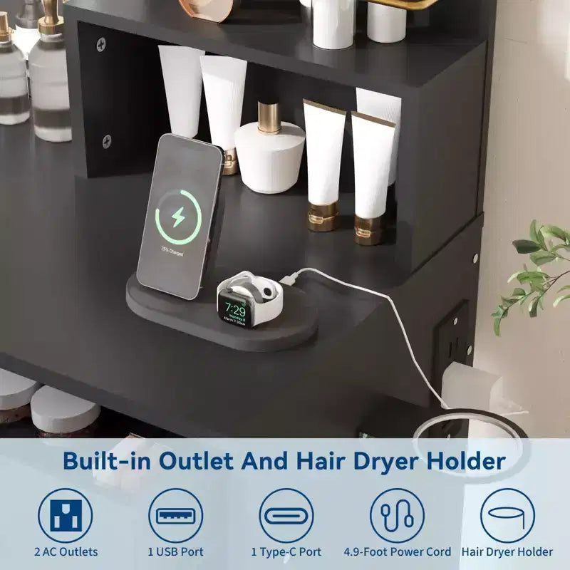 Coiffeuse Noire/Blanche avec Miroir Lumineux, 2 Tiroirs et Étagères, Chaise Incluse – 1 Personne