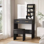 Coiffeuse Noire/Blanche avec Miroir Lumineux, 2 Tiroirs et Étagères, Chaise Incluse – 1 Personne