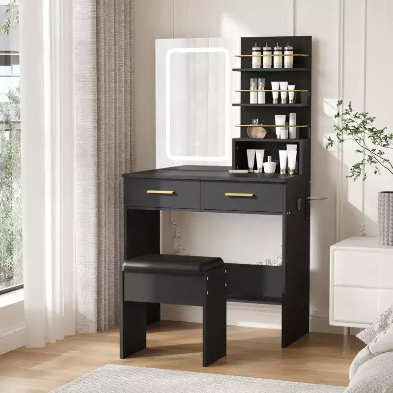 Coiffeuse Noire/Blanche avec Miroir Lumineux, 2 Tiroirs et Étagères, Chaise Incluse – 1 Personne