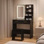 Coiffeuse Noire/Blanche avec Miroir Lumineux, 2 Tiroirs et Étagères, Chaise Incluse – 1 Personne