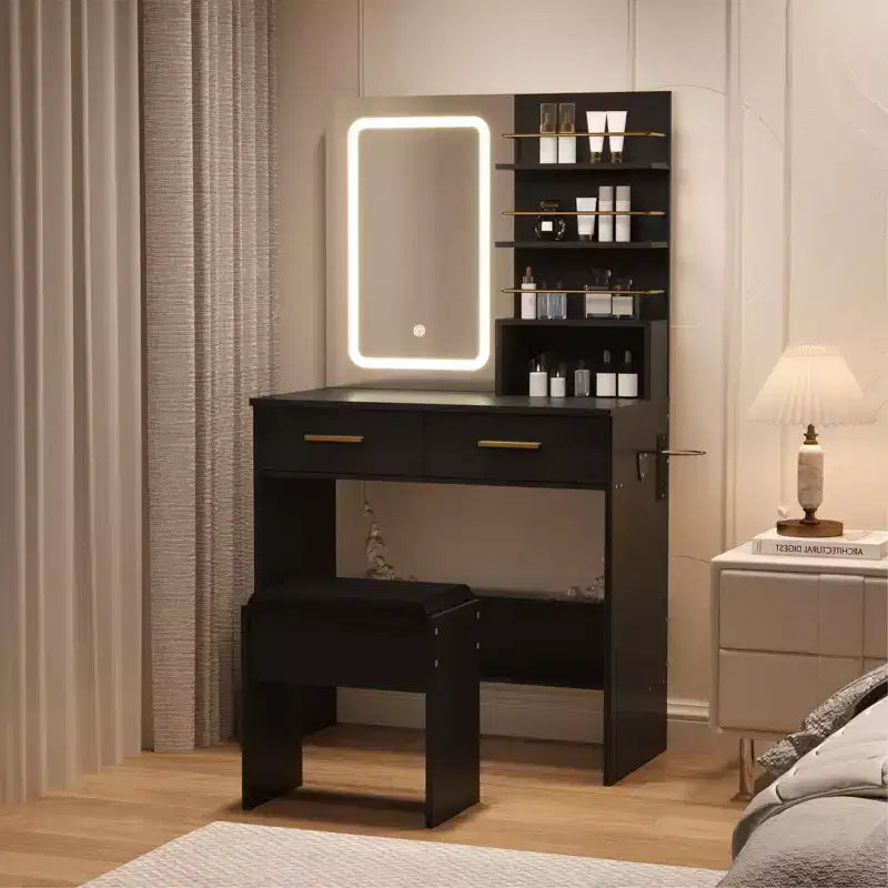 Coiffeuse Noire/Blanche avec Miroir Lumineux, 2 Tiroirs et Étagères, Chaise Incluse – 1 Personne