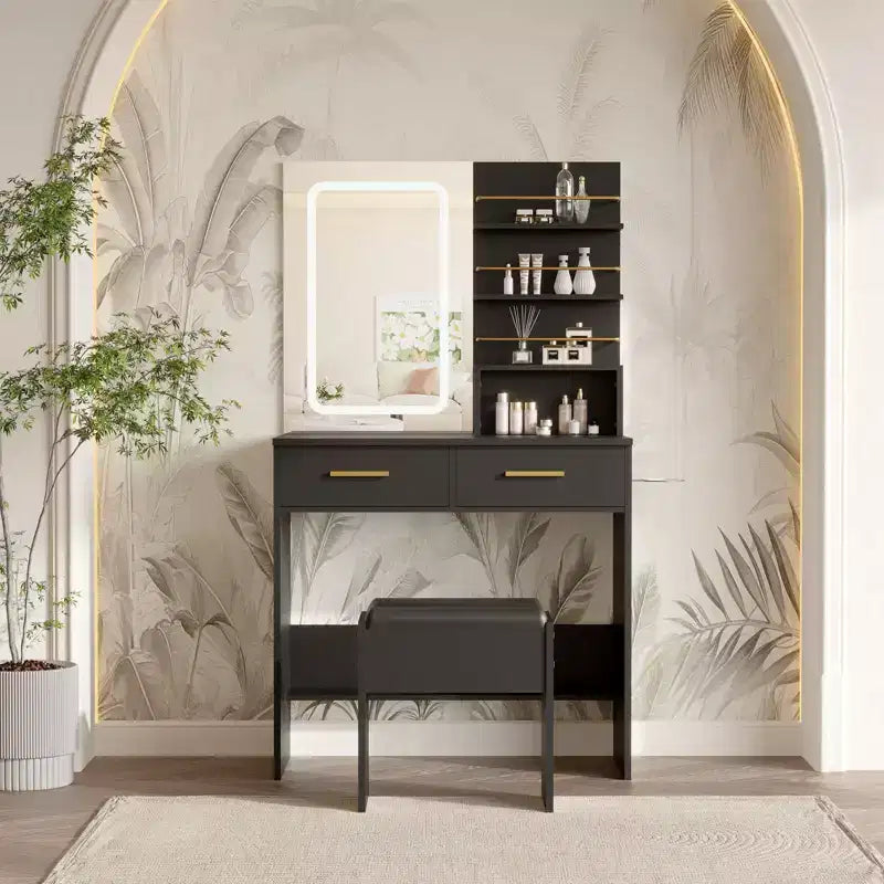 Vanity Desk Set with Mirror, Makeup Vanity with 2 Drawers & Open Storage Shelves, Cabinet, Bedroom Dressing Table with Chair