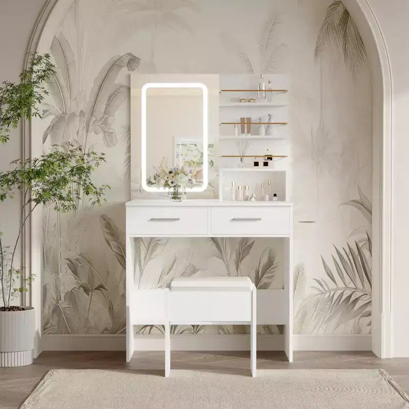 Coiffeuse Noire/Blanche avec Miroir Lumineux, 2 Tiroirs et Étagères, Chaise Incluse – 1 Personne