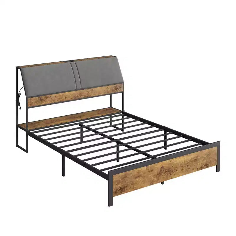 Cadre de lit plateforme rembourré gris – Base métallique, sans sommier, 1–2 personnes (double/queen)