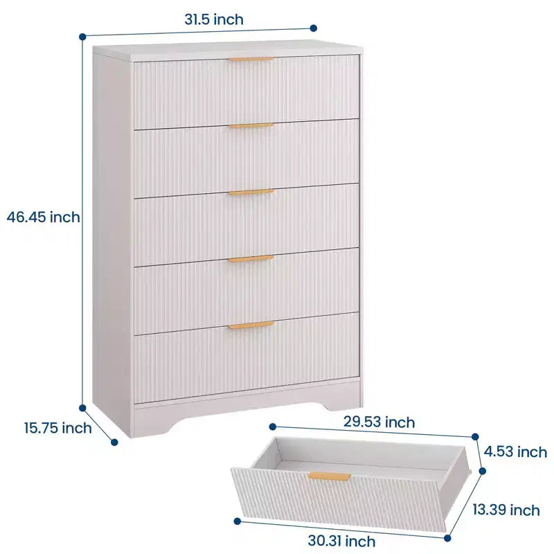 Commode à 5 tiroirs cannelés noir et blanc avec poignées dorées