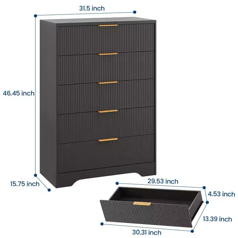 Commode à 5 tiroirs cannelés noir et blanc avec poignées dorées