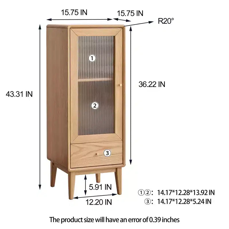 Meuble de rangement en bois de chêne avec porte vitrée et poignée en laiton, Naturel, 1 personne
