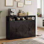 Buffet en bois naturel – 4 portes, 4 tiroirs, étagère ouverte et station de recharge
