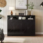 Buffet en bois naturel – 4 portes, 4 tiroirs, étagère ouverte et station de recharge