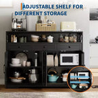 Buffet en bois naturel – 4 portes, 4 tiroirs, étagère ouverte et station de recharge